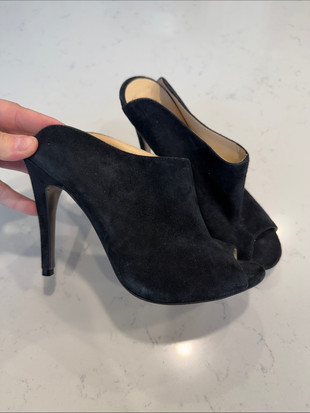 Chinese Laundry Black Suede Peep-Toe Mule Heels